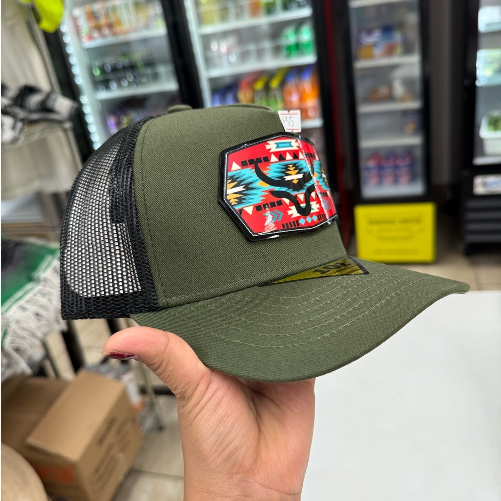 Olive Green Trucker Hat with Aztec Patch